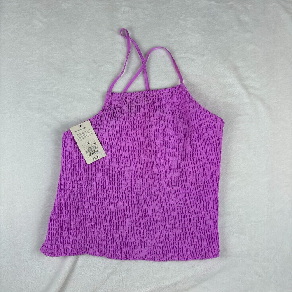 A‎ New Day Camisole Top Womens XL Purple Satin Smocked Adjustable Strap Cropped